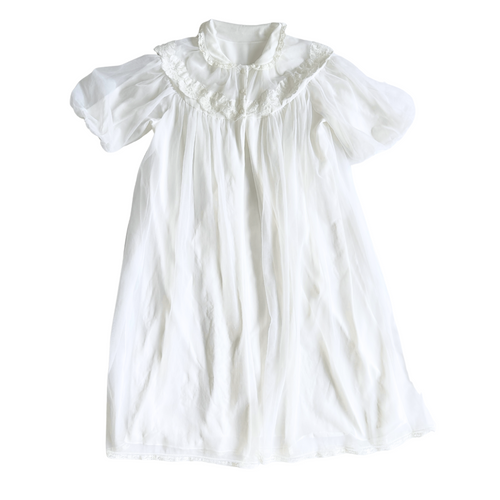 Vintage 1970s French Maid Sheer White Robe with Floral Lace Trim | Medium-Large