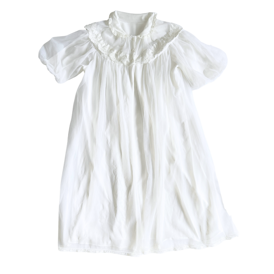 Vintage 1970s French Maid Sheer White Robe with Floral Lace Trim | Medium-Large