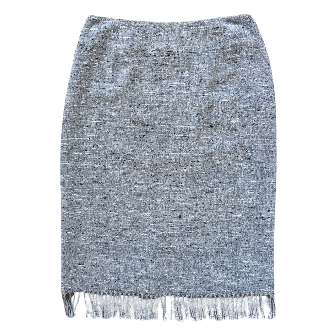 Vintage 1980s-1990s Louben Marled Grey Wool Fringe Midi Skirt - Medium