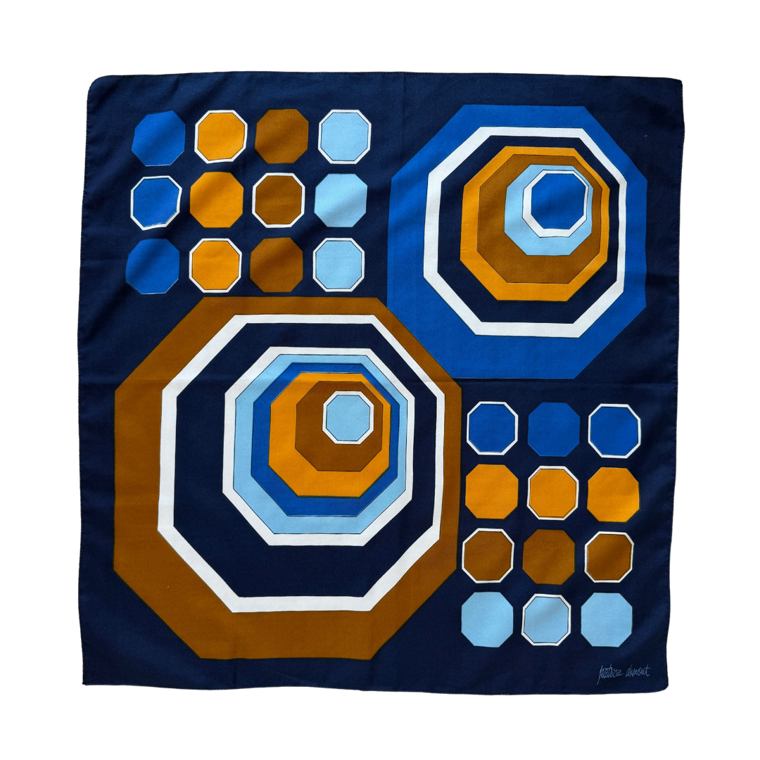 Vintage Patricia Dumont Blue and Brown Abstract Print Square Scarf