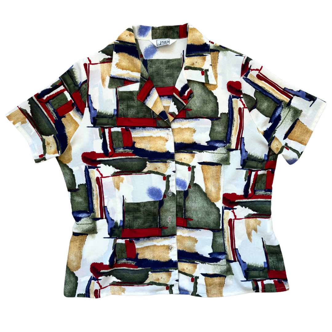 Vintage 1990s Multi-Colour Abstract Printed Short-Sleeve Blouse | Large / Extra-Large