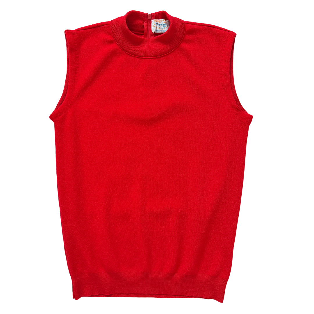 Vintage 1970s Dia-Lon Red High Neck Sleeveless Knit Tank Top | Small