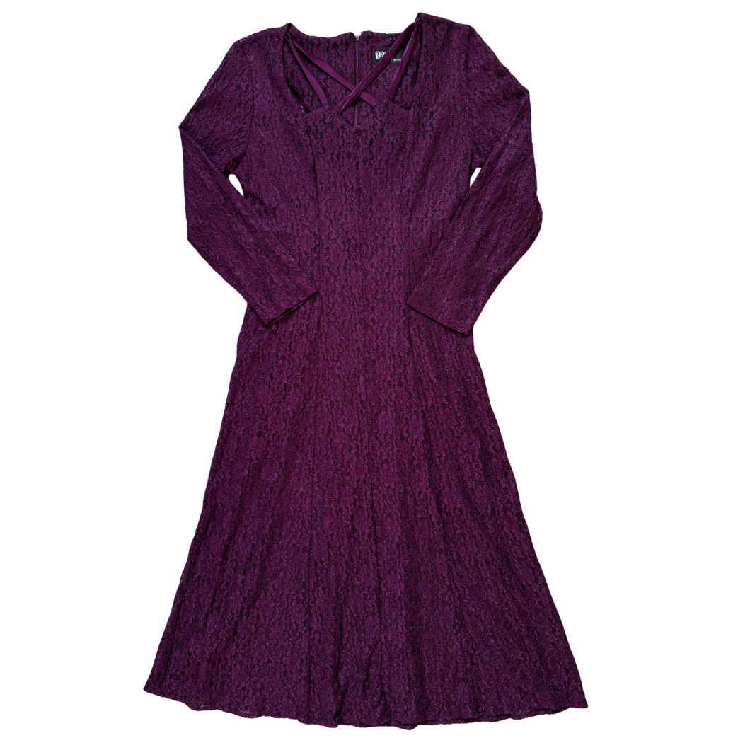 Vintage 1980s Dawn Joy Fashions Plum Purple Lace Dress | Medium