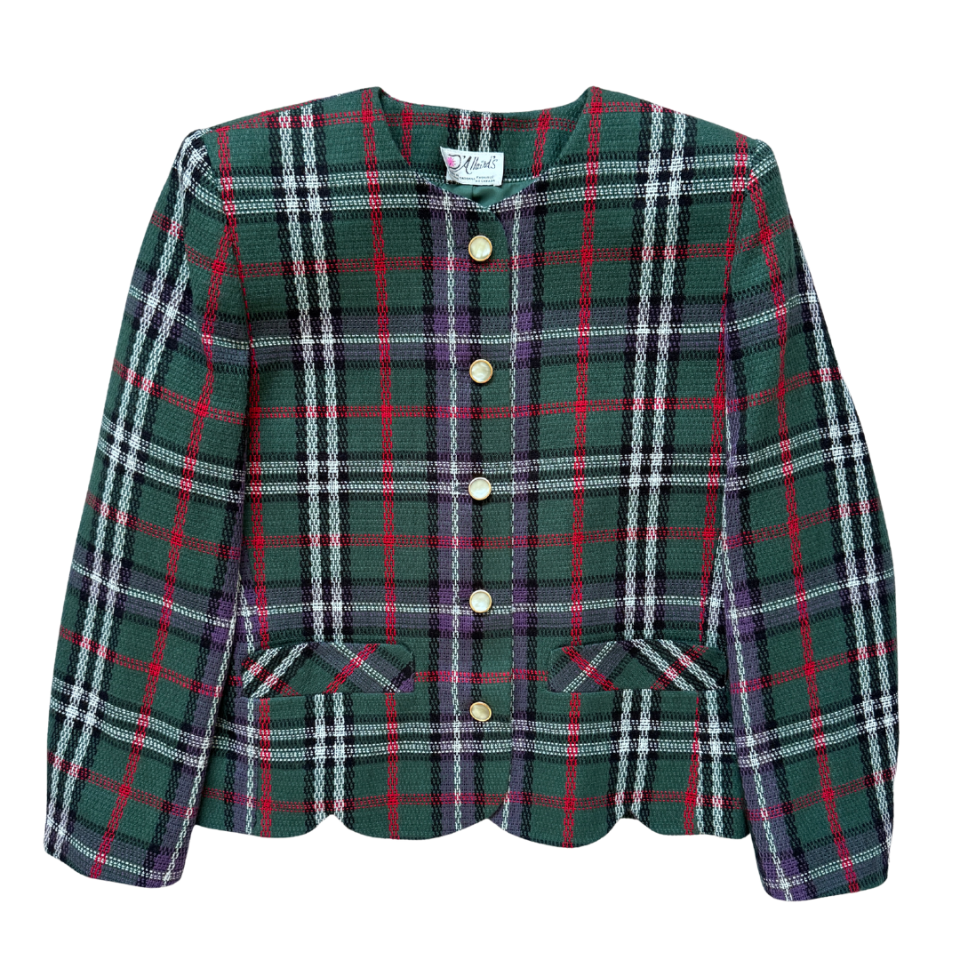 Vintage 1980s D'Allairds Green and Red Plaid Wool Blend Blazer | Medium-Large