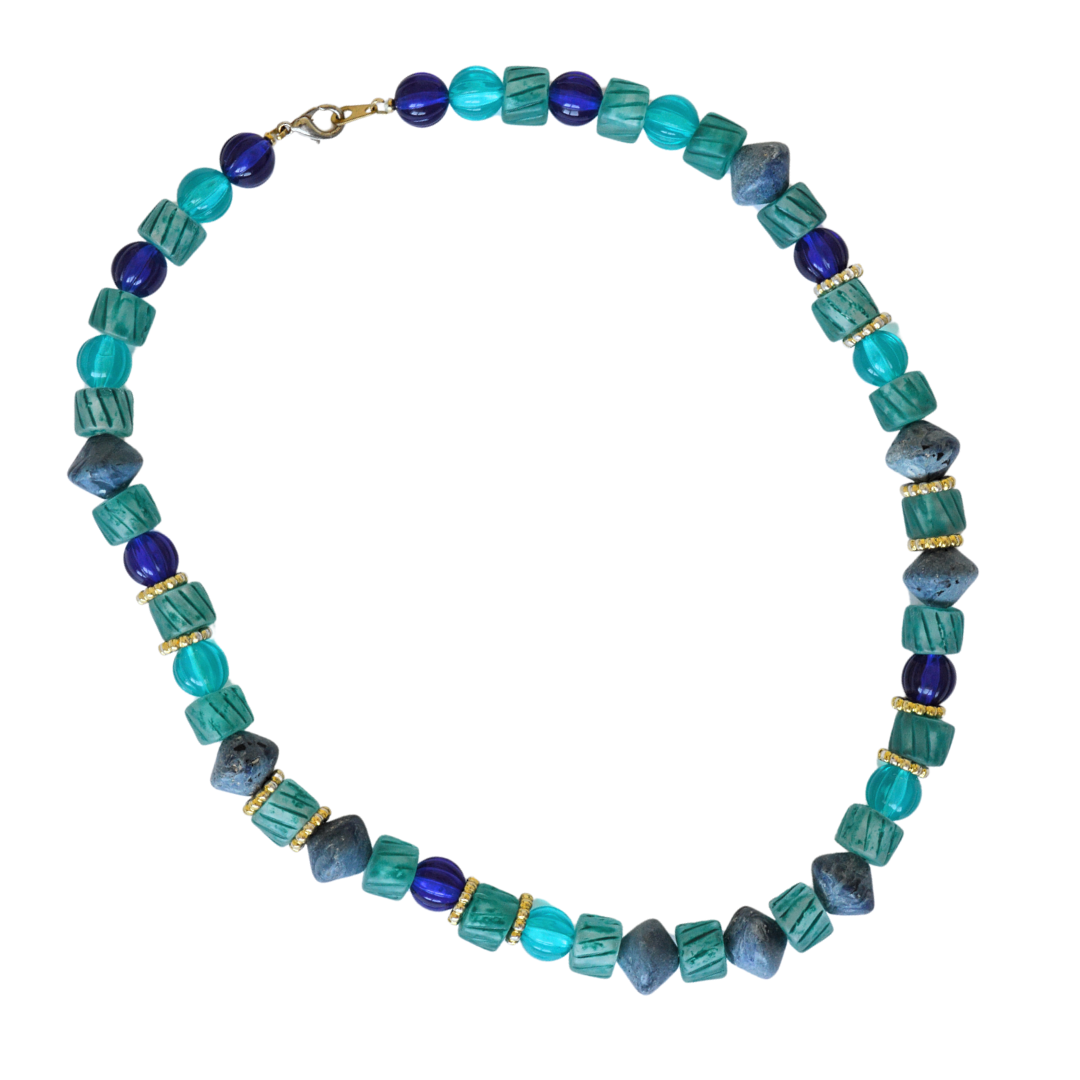 Upcycled Chucky Teal and Blue Beaded Necklace