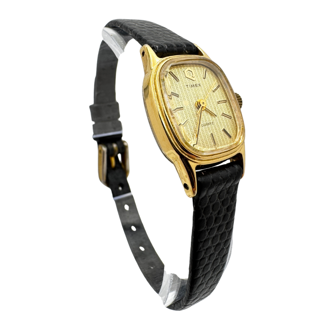 Vintage 80s Timex S Cell Small Gold Watch with Snakeskin Leather Band