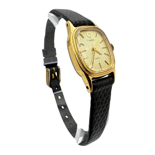 Vintage 80s Timex S Cell Small Gold Watch with Snakeskin Leather Band