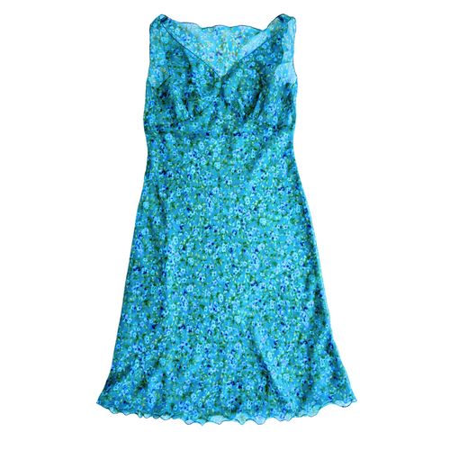 Vintage Y2K 1990s -2000s Sheer Teal Floral Sleeveless Ruffled Dress | Medium