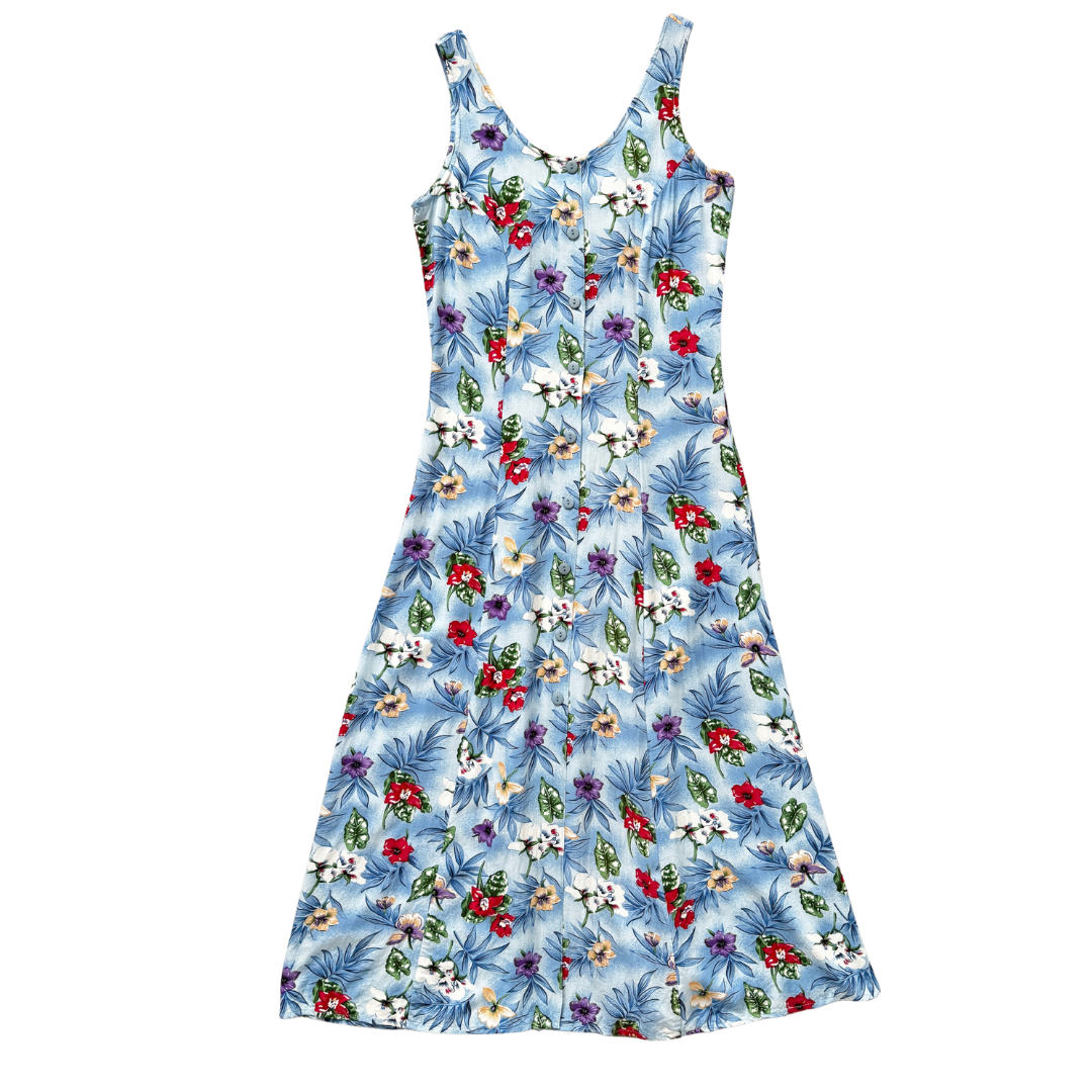 Vintage 90s Bantry Bay Blue Floral Button Front Maxi Dress | Small
