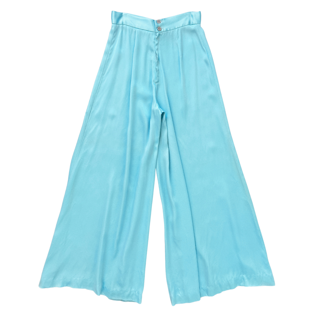 Vintage 70s Bilboquet Modes Pastel Blue Satin Ultra-Wide Leg Pants | Small - Medium