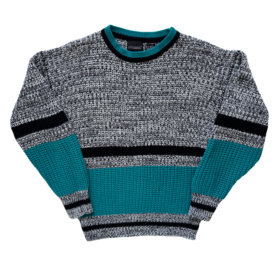 Vintage 1980s-1990s Stylewise Teal and Marled Grey Sweater | Large