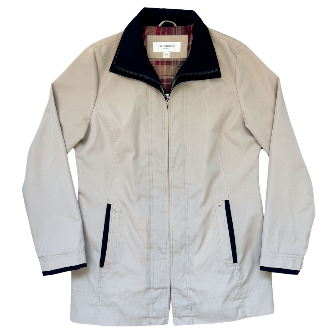 Vintage 1990s Liz Claiborne Taupe and Navy Chore Coat Barn Jacket | Small-Medium
