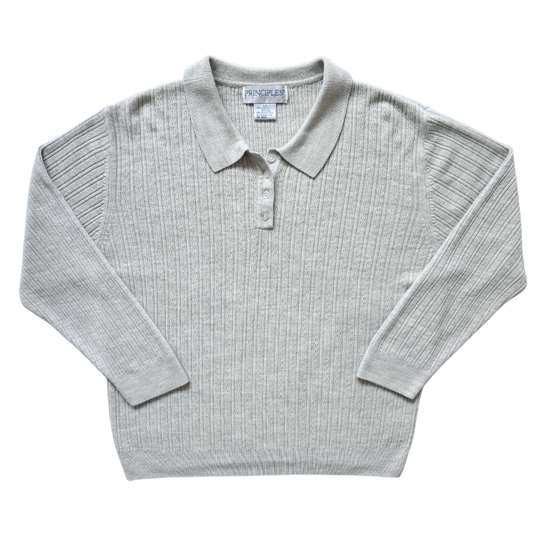 Vintage 1980s-1990s Principle Petite Grey Collared Henley Sweater - Large