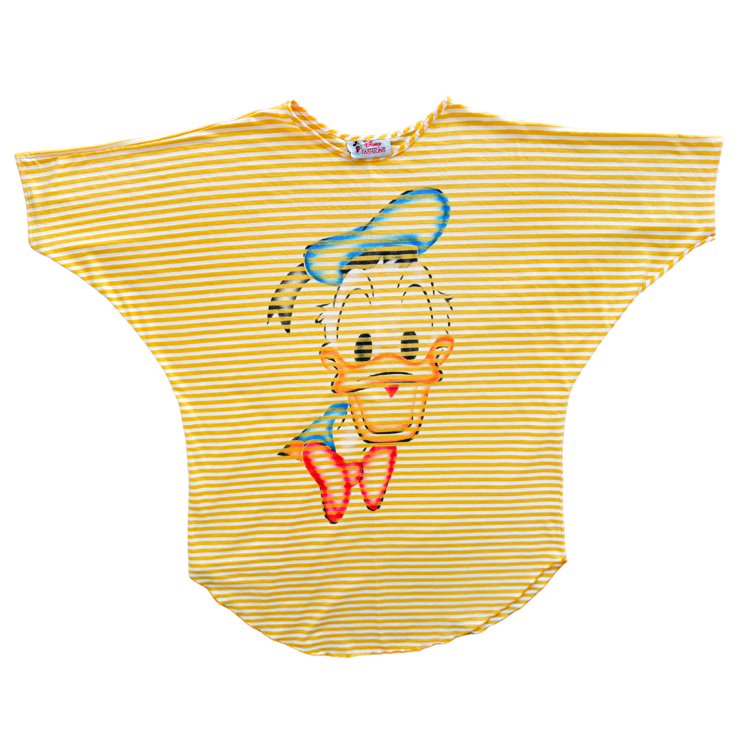 Vintage 1990s Yellow and White Striped Donal Duck Disney Graphic T-Shirt - Large