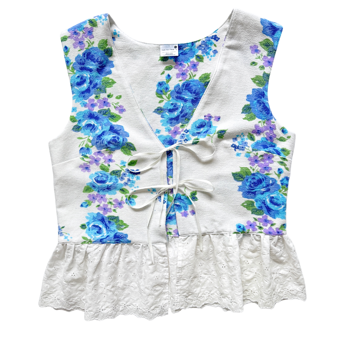 Recycled Blue Floral and White Eyelet Tie-Front Vest | Small