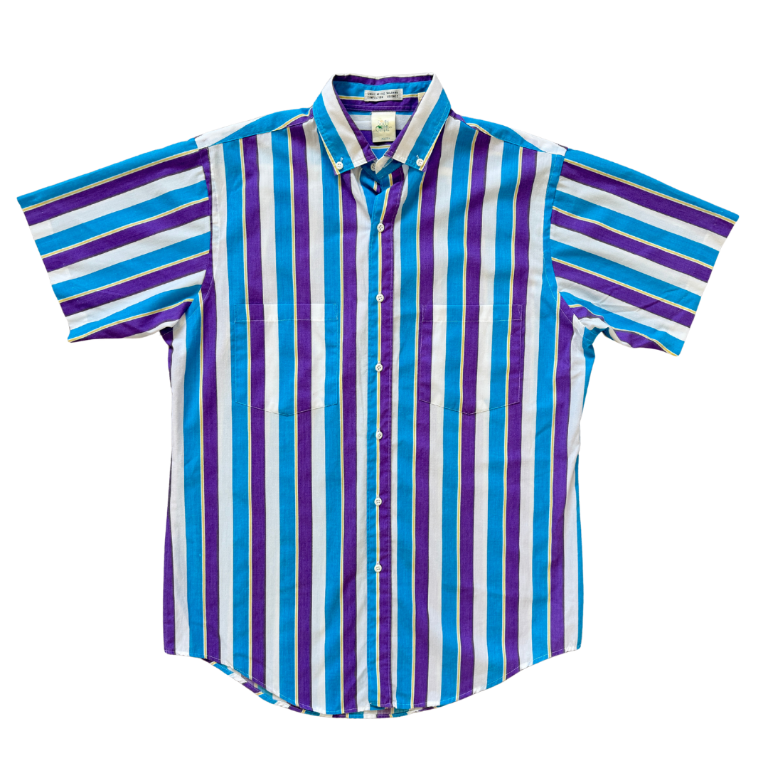 Vintage 80s-90s Men's Blue/Purple/Yellow/White Striped Button Down T-Shirt | Medium
