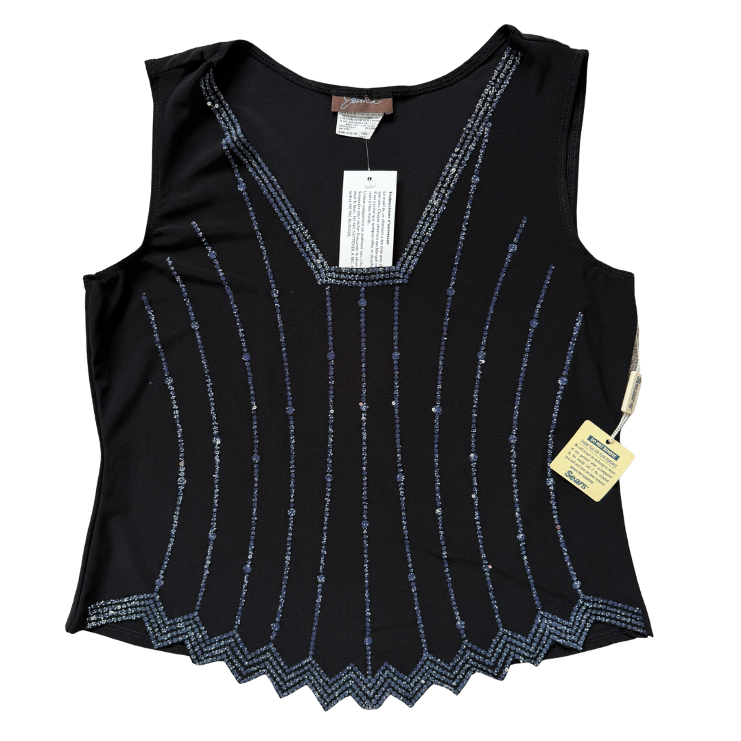 Vintage 90s Jessica Navy Sparkle Tank with Chevron Hem | Medium