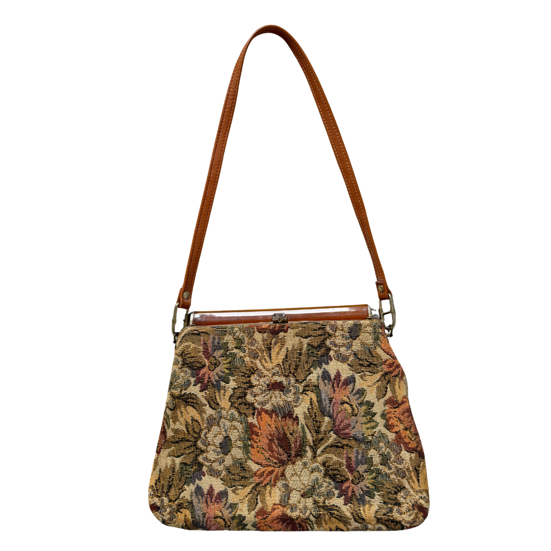 Vintage Textile Muted Tone Floral Kiss Lock Purse