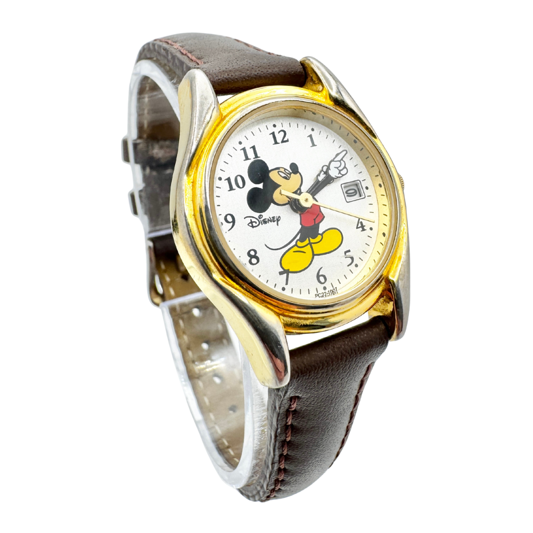 Vintage 90s Disney Mickey Mouse Watch with Brown Leather Band
