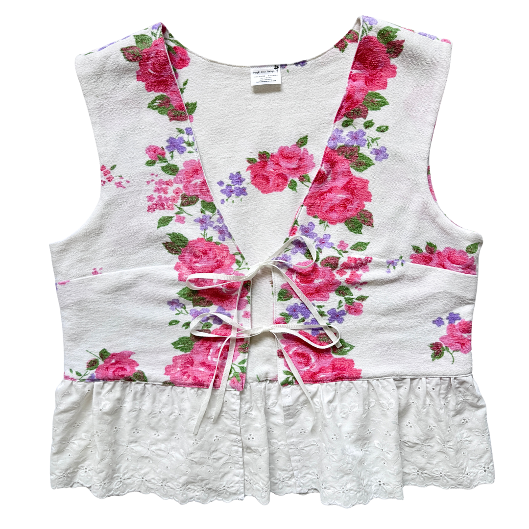 Recycled Pink Floral and White Eyelet Tie-Front Vest | Medium