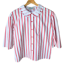 Load image into Gallery viewer, Red and White Striped Blouse with Lace Detailed Collar | Large 1980s
