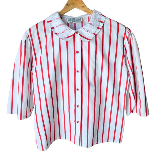 Red and White Striped Blouse with Lace Detailed Collar | Large 1980s