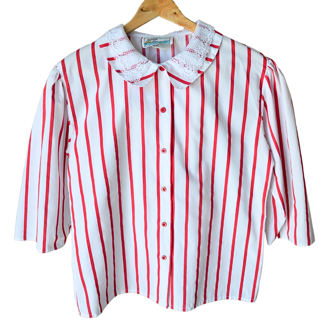 Red and White Striped Blouse with Lace Detailed Collar | Large 1980s