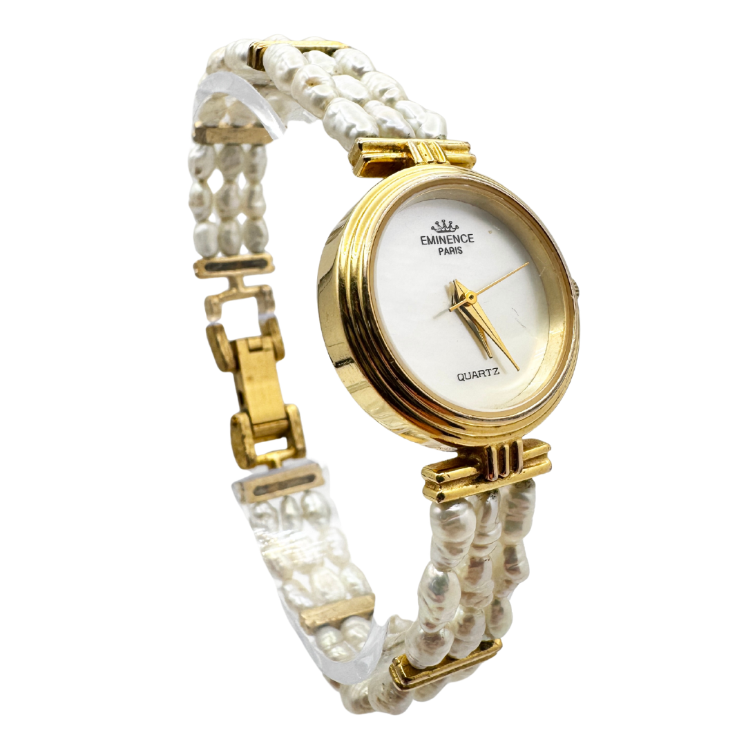 Vintage Eminence Paris Gold Tone Watch with Three-Strand Pearl Band