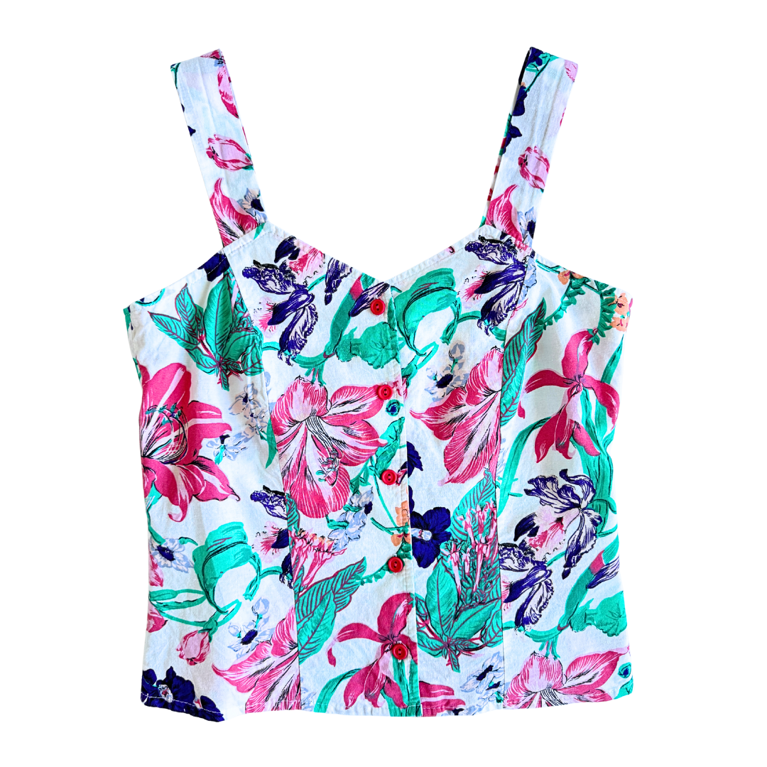 Vintage 1980s Structured Pink and Purple Floral Print Tank Top | Extra-Small