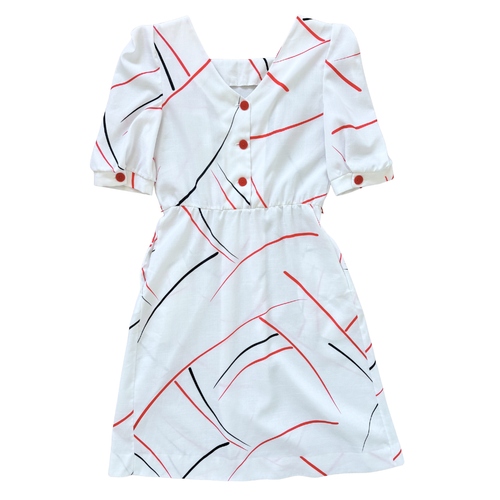 Vintage 1980s White Poplin Dress with Red and Black Geometric Print -Small / Medium