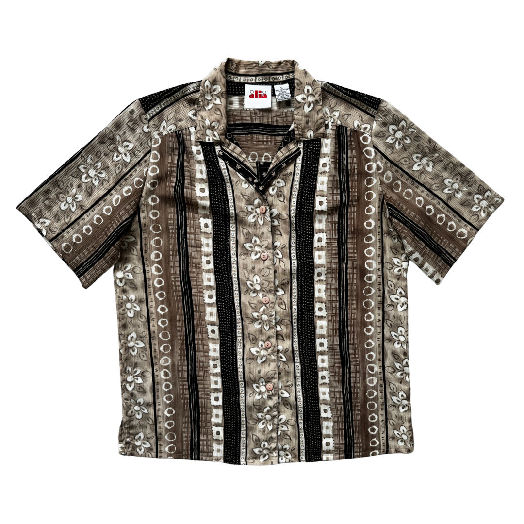 Vintage 90s- Y2K Alia Black and Brown Floral Abstract Collared Blouse | Large