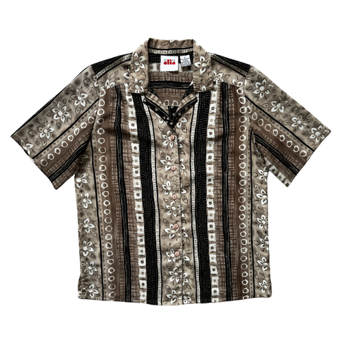 Vintage 90s- Y2K Alia Black and Brown Floral Abstract Collared Blouse | Large