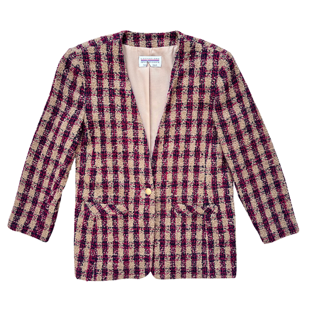 Vintage 1980s Collections International Plaid Tweed Wool Blend Blazer - Large