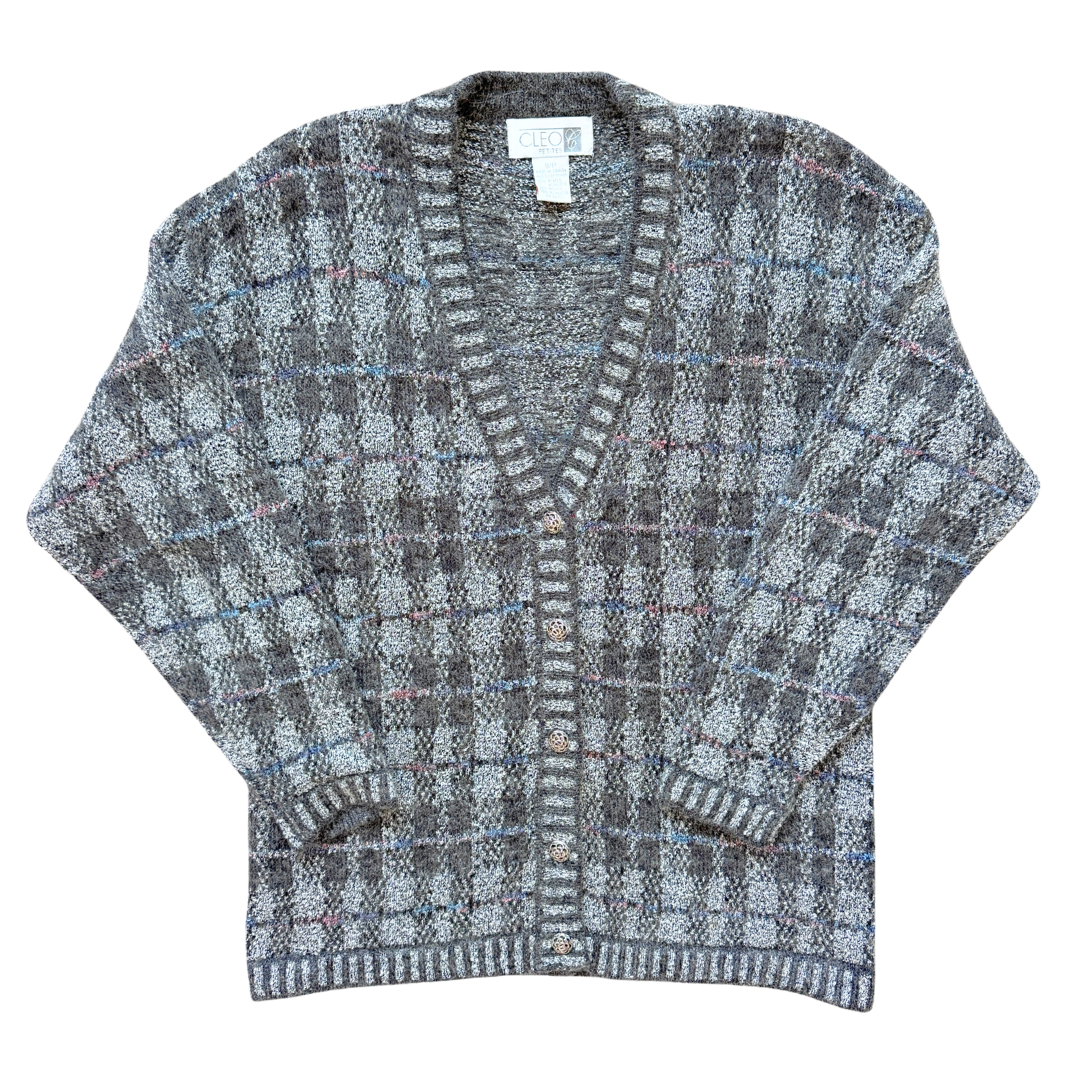 Vintage 1990s Cleo Petites Grey Plaid Mohair Blend Cardigan | Medium-Large