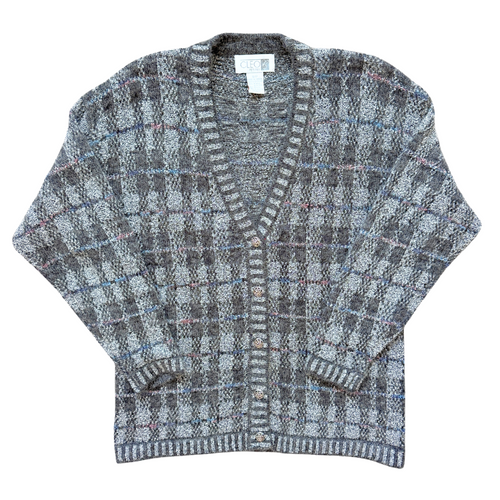 Vintage 1990s Cleo Petites Grey Plaid Mohair Blend Cardigan | Medium-Large