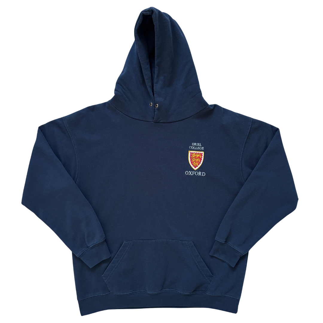 Vintage 1990s Oriel College Oxford Navy Hooded Sweatshirt - Large / Extra-Large