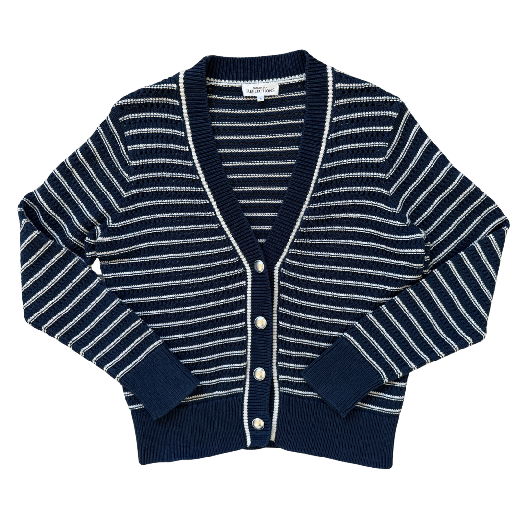 Vintage Y2K Northern Reflections Navy and White Striped Cardigan | Small