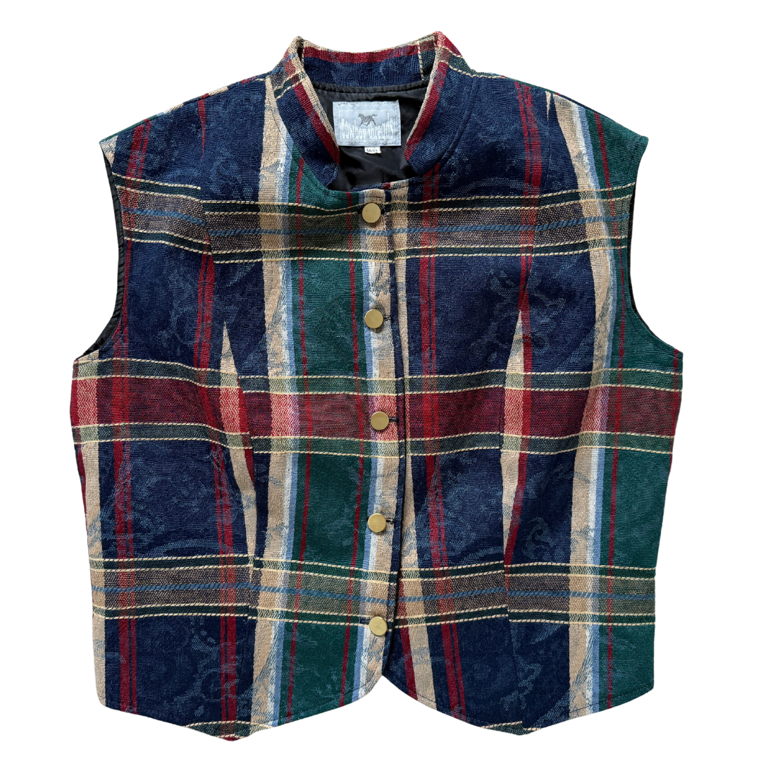 Vintage 90s Cowboy Threads Dark Plaid Textile Vest | Medium