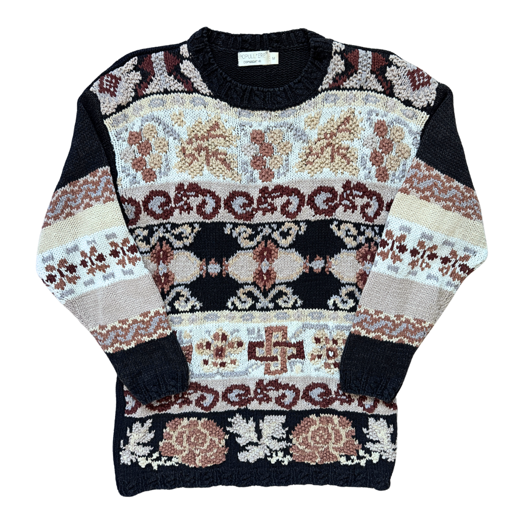 Vintage 1990s Popull'ere Black/Beige and White Floral Sweater | Medium