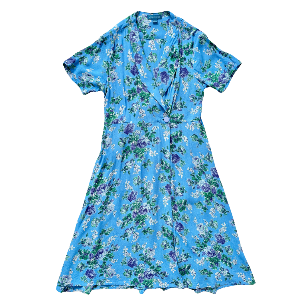 Vintage April Cornell Blue Floral Dress | Medium