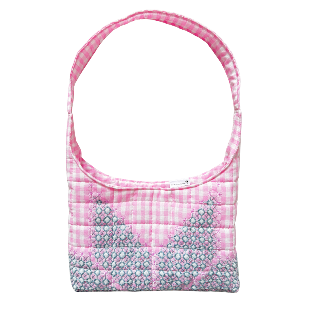 Recycled Pink Gingham Star Embroidered Quilted Shoulder Bag