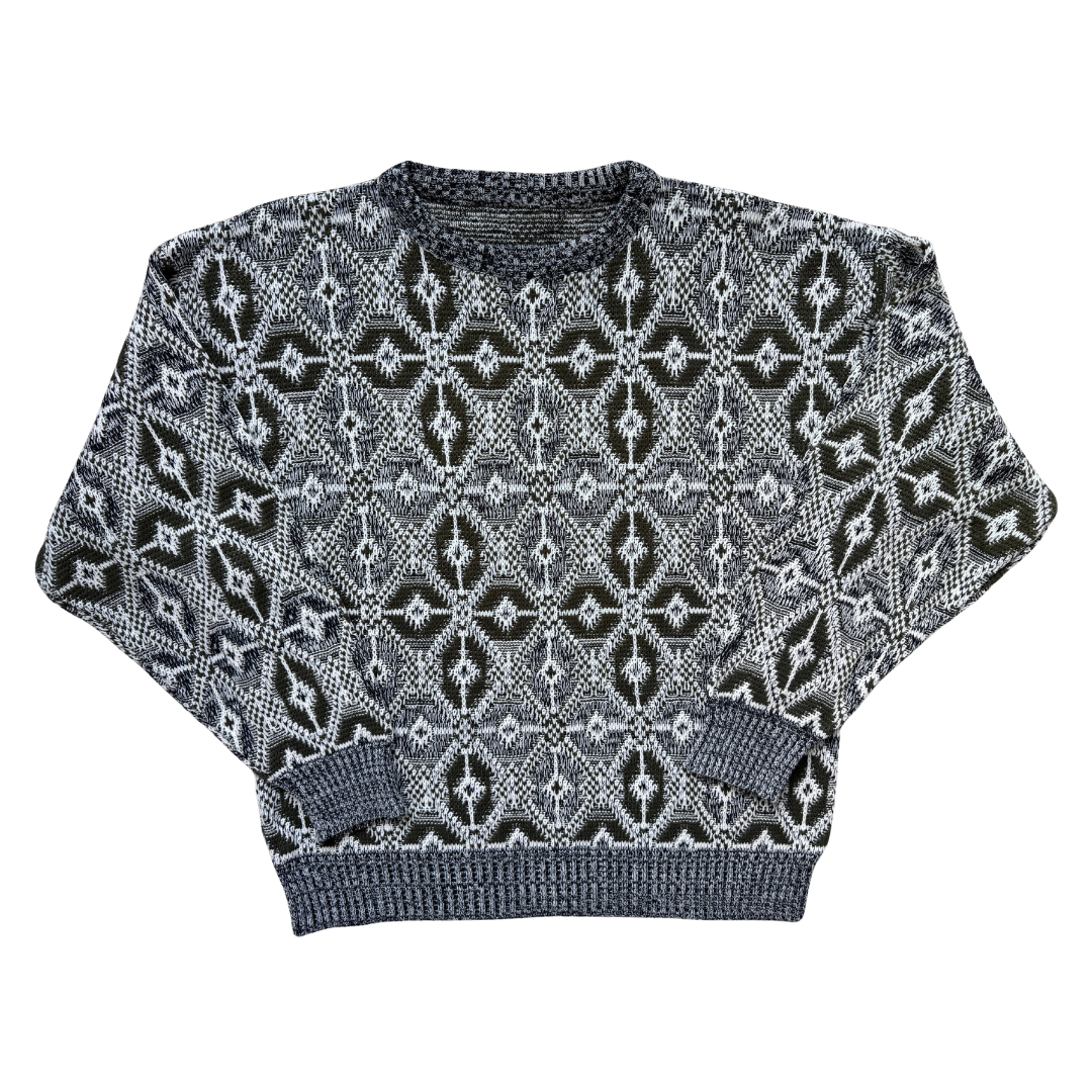 Vintage 1980s-1990s Grey and Green Abstract Print Grandpa Sweater | Large