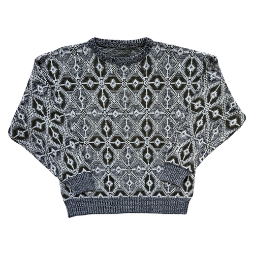 Vintage 1980s-1990s Grey and Green Abstract Print Grandpa Sweater | Large