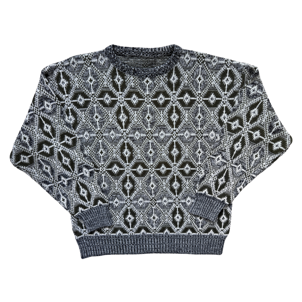 Vintage 1980s-1990s Grey and Green Abstract Print Grandpa Sweater | Large