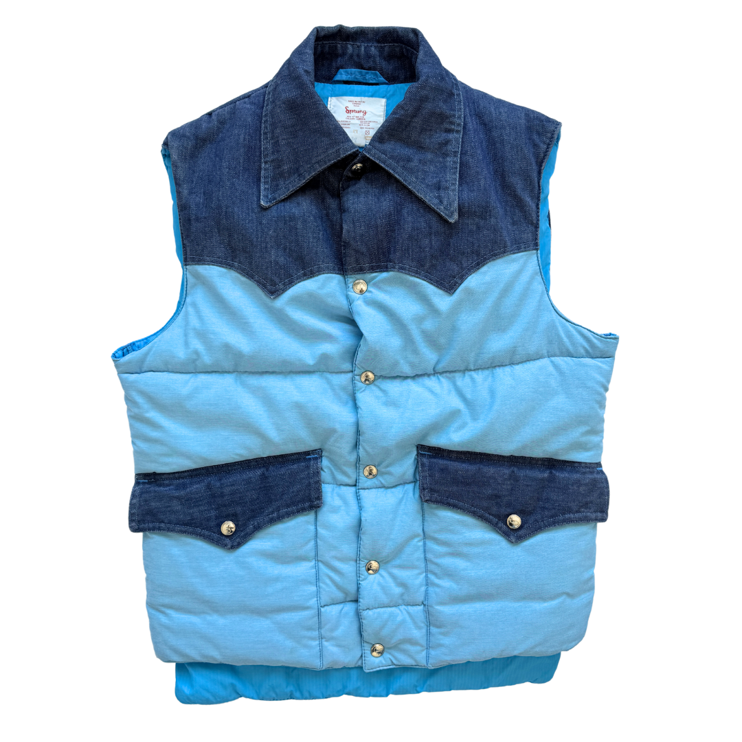 Vintage 1970s Sprung Blue Puffer Vest with Denim Details | Medium