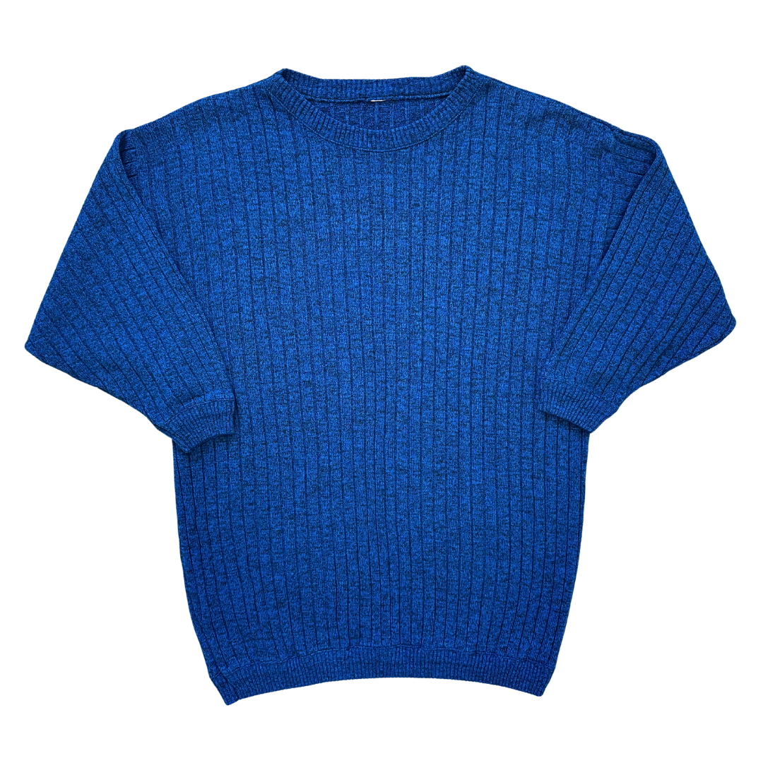 Vintage 80s Pic-Knit Blue and Black Marled Rib Knit Longline Sweater | Large