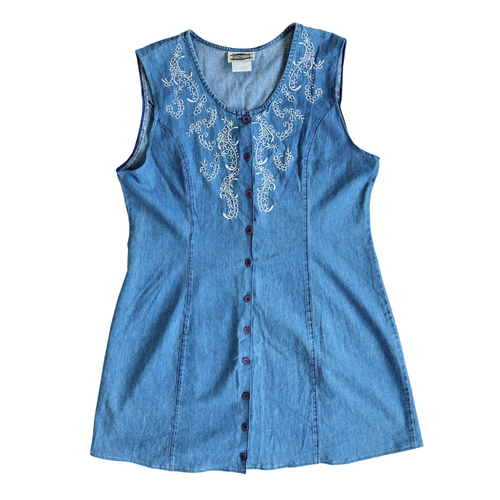 Vintage 1990s Sleeveless Denim Dress with White Floral Embroidery | Large