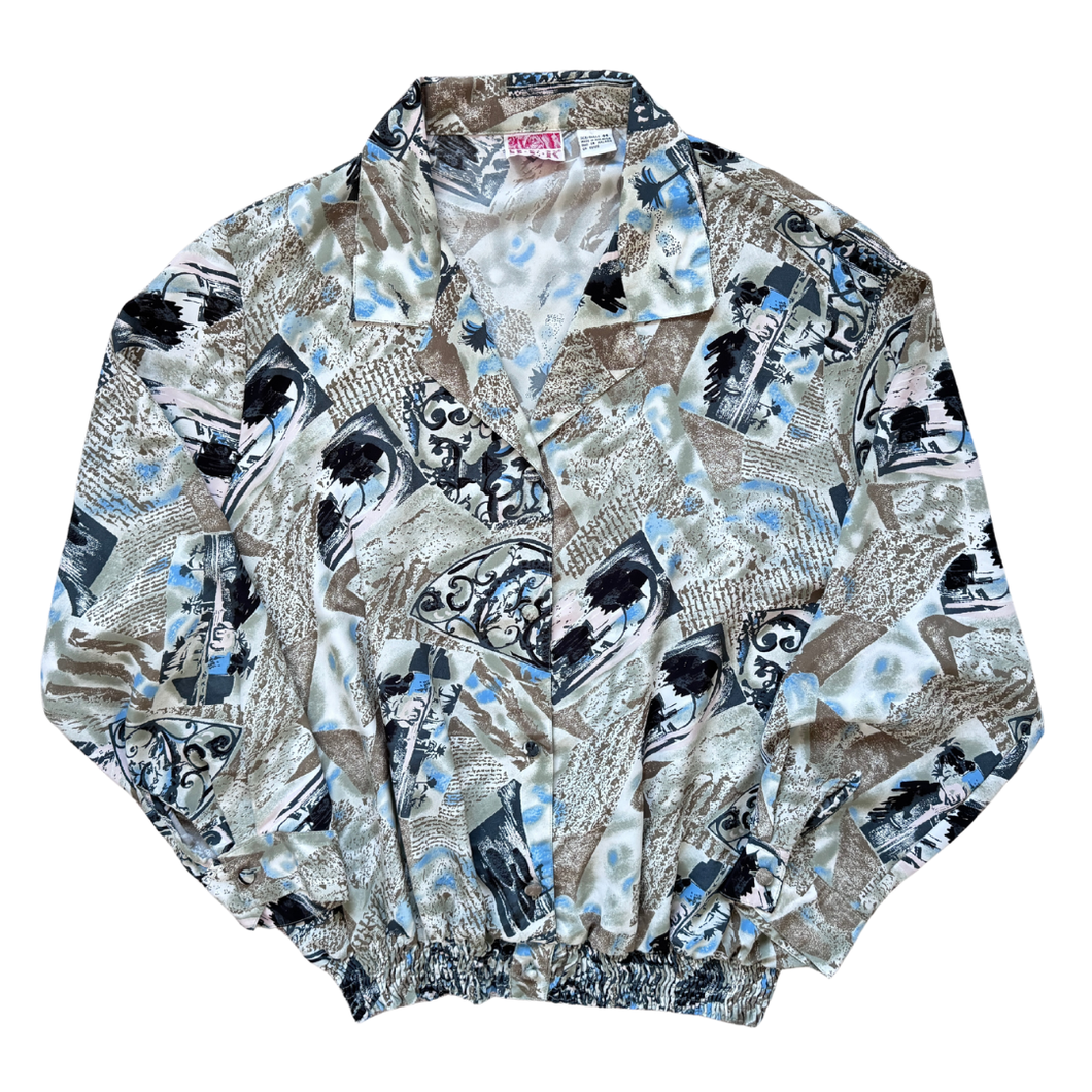 Vintage 1980s H.E.R. Blue and Green Geometric Bomber Blouse - Extra-Large