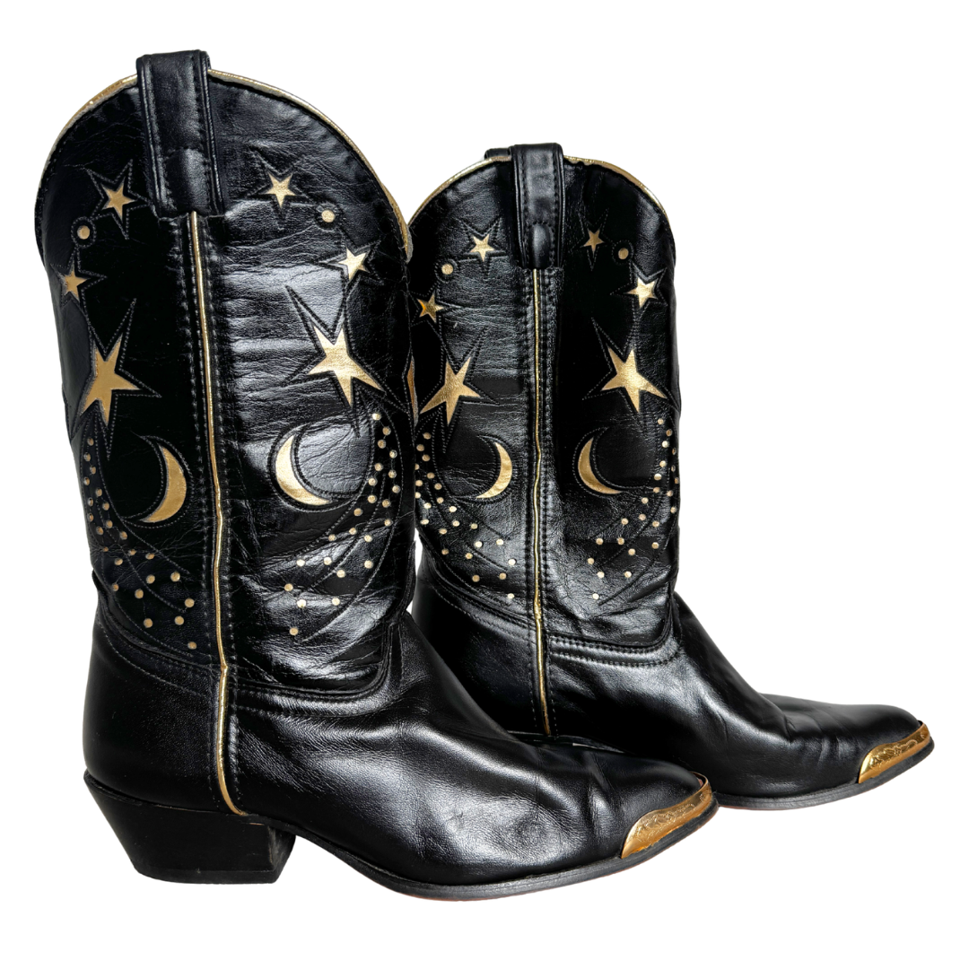 Vintage 80s Laredo Black and Gold Leather Celestial Western Boots | 7 1/2 M