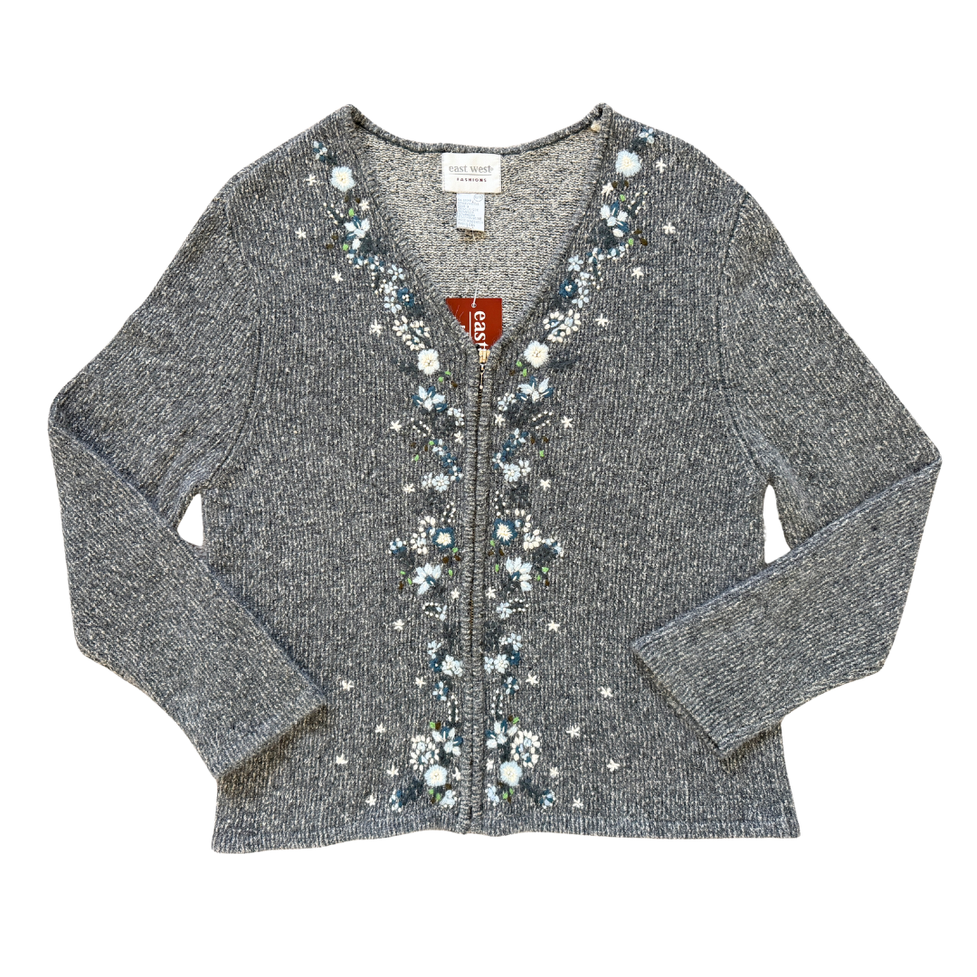 Vintage 90s East West Grey Silk Blend Cardigan with Floral Embroidery | Extra-Large